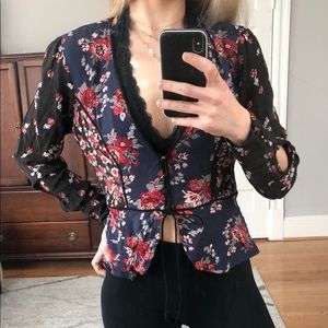 Floral long sleeve low cut neck top